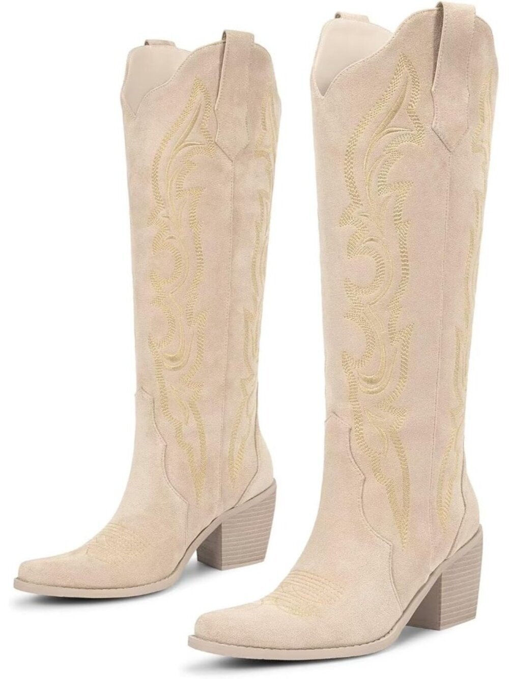 Women suede Apricot Faux Leather Knee High Cowgirl Chunky Low Pointed Toe Heeled
